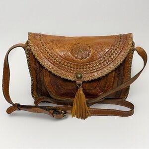Patricia Nash Beaumont Flap Boho Crossbody Bag Distressed Cognac Leather